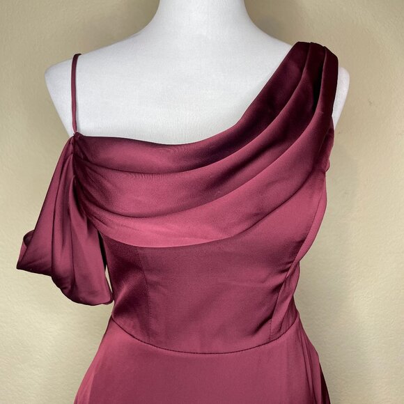 Morilee Madeline Gardner Bordeaux Satin One Shoulder Bridesmaid Dress Gown Sz 4 - Picture 2 of 14